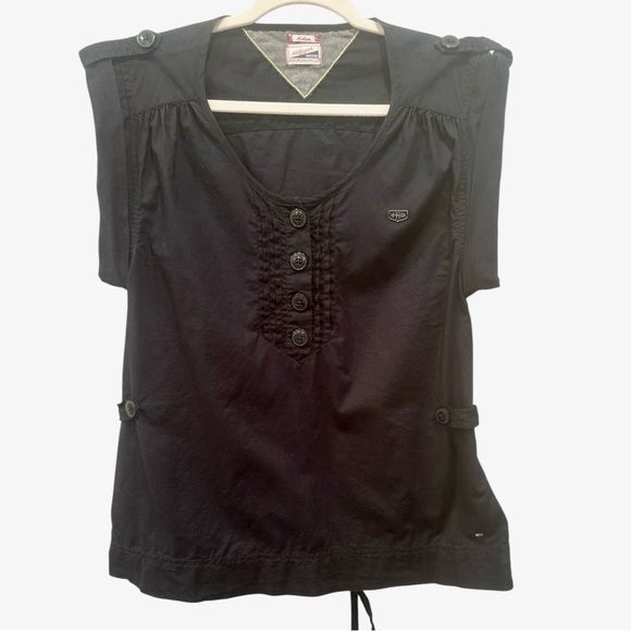 Vintage Tommy Hilfiger Black SS Blouse Back Toe Button Details Sz M Biker - Picture 1 of 10